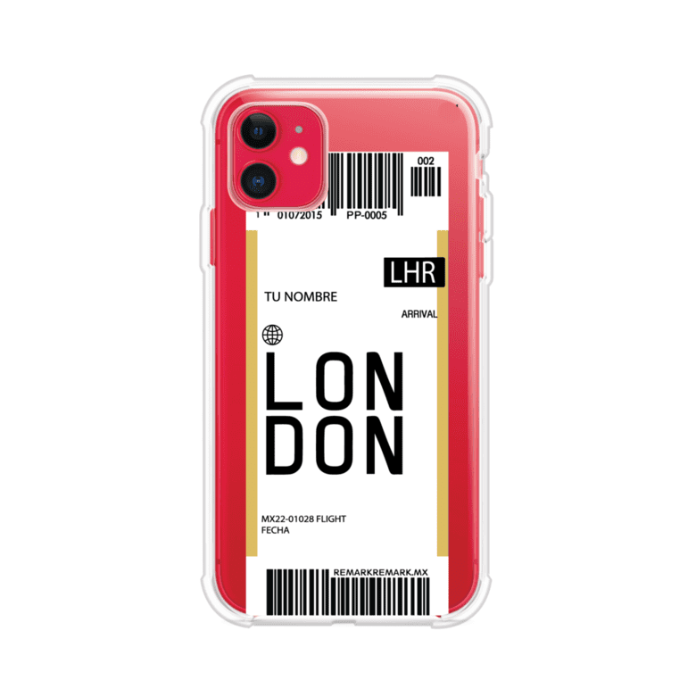 Funda personalizada estilo pase de abordar con diseño de Londres y código LHR, personalizable con nombre y datos de vuelo; producto de Remark MX para iPhone