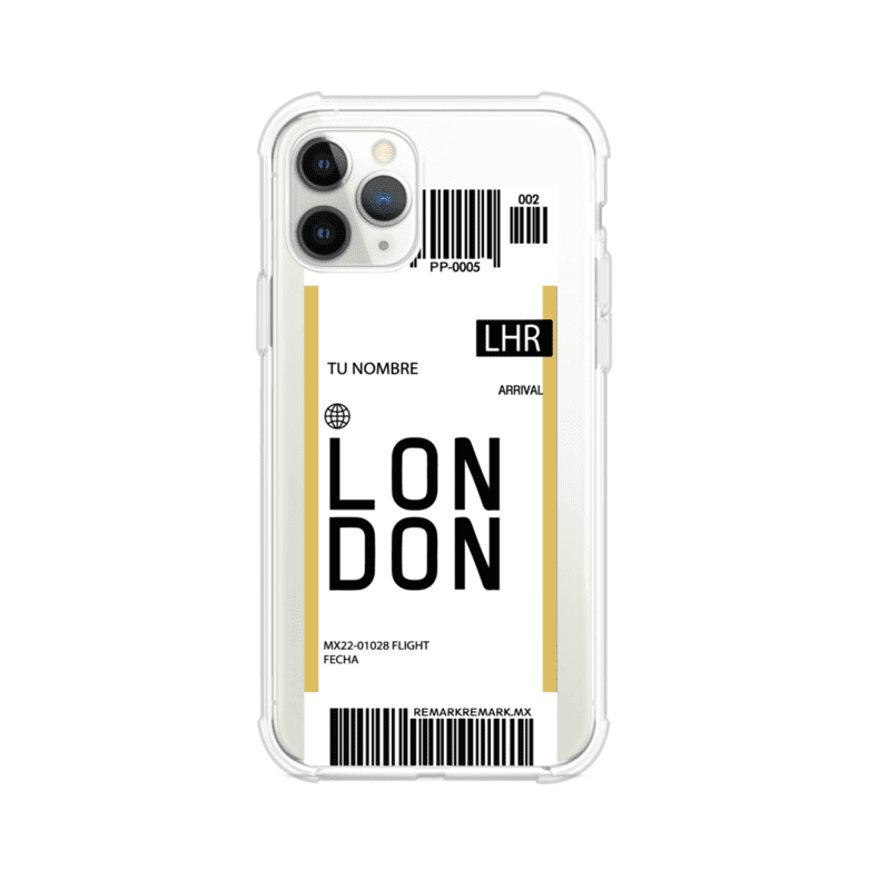 Funda personalizada estilo pase de abordar con diseño de Londres y código LHR, personalizable con nombre y datos de vuelo; producto de Remark MX para iPhone