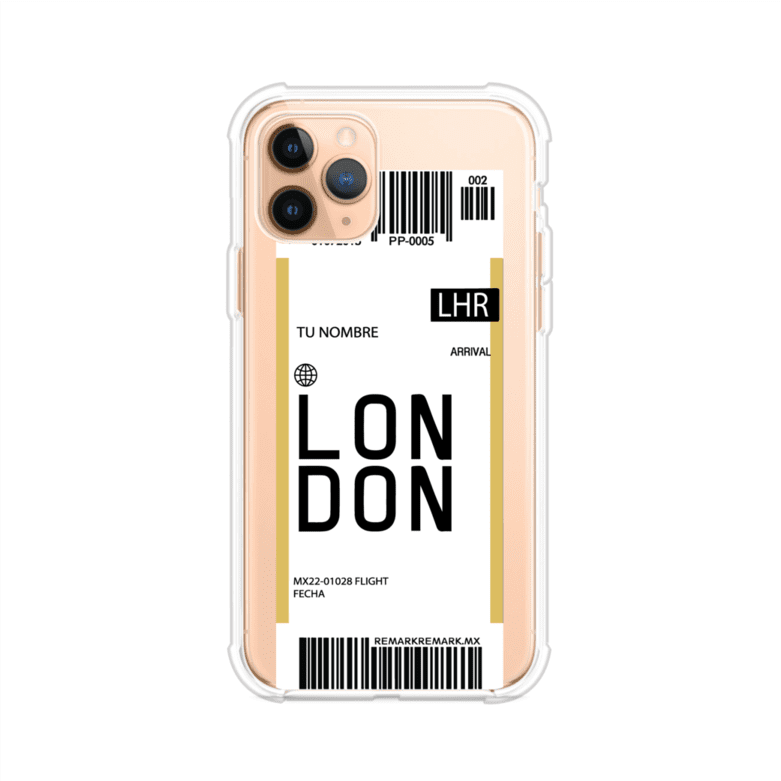 Funda personalizada estilo pase de abordar con diseño de Londres y código LHR, personalizable con nombre y datos de vuelo; producto de Remark MX para iPhone