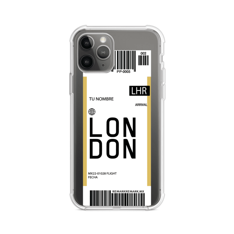 Funda personalizada estilo pase de abordar con diseño de Londres y código LHR, personalizable con nombre y datos de vuelo; producto de Remark MX para iPhone