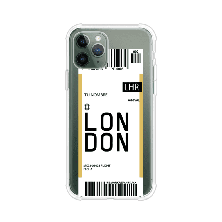 Funda personalizada estilo pase de abordar con diseño de Londres y código LHR, personalizable con nombre y datos de vuelo; producto de Remark MX para iPhone