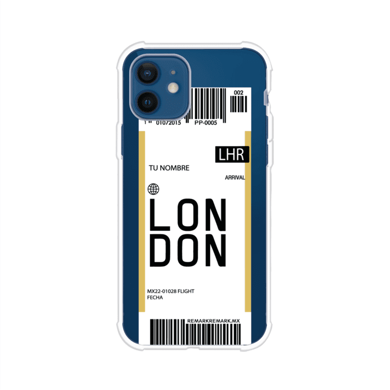 Funda personalizada estilo pase de abordar con diseño de Londres y código LHR, personalizable con nombre y datos de vuelo; producto de Remark MX para iPhone