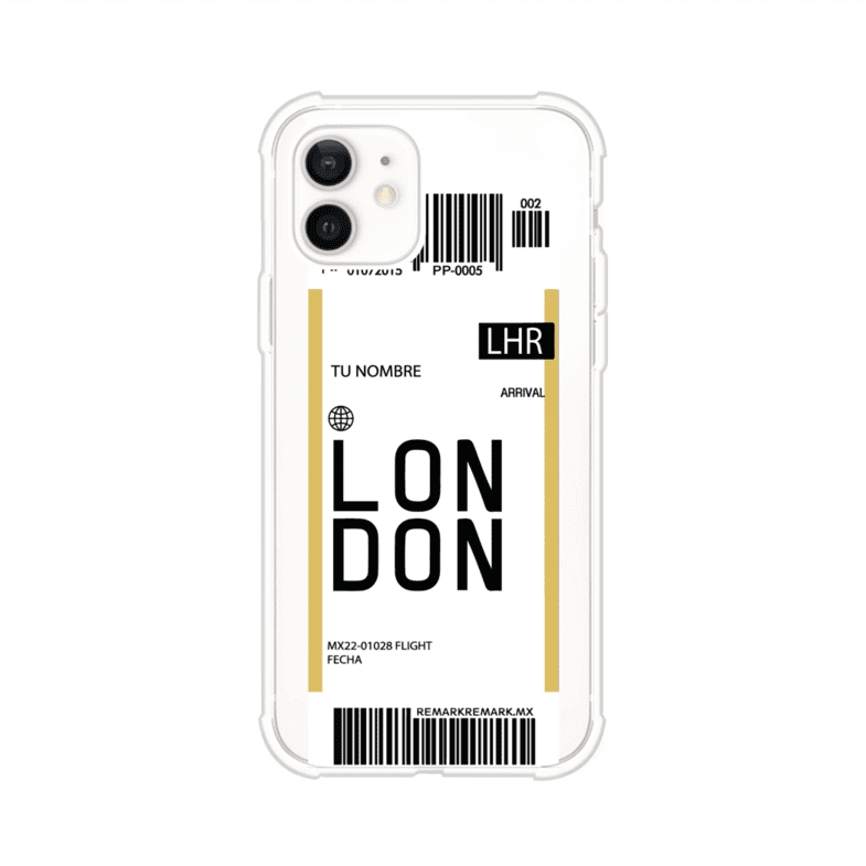 Funda personalizada estilo pase de abordar con diseño de Londres y código LHR, personalizable con nombre y datos de vuelo; producto de Remark MX para iPhone