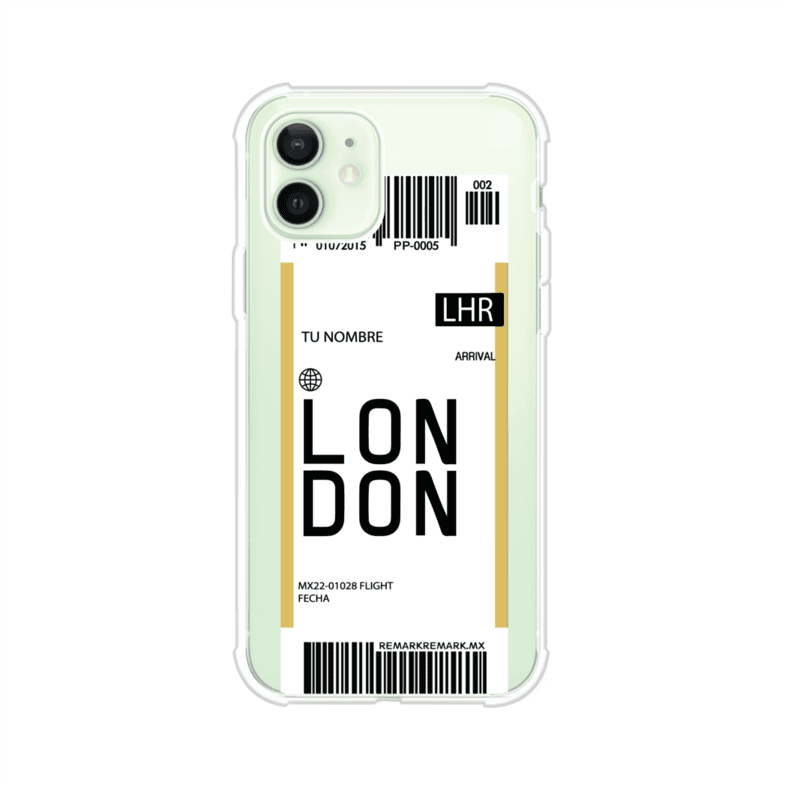 Funda personalizada estilo pase de abordar con diseño de Londres y código LHR, personalizable con nombre y datos de vuelo; producto de Remark MX para iPhone