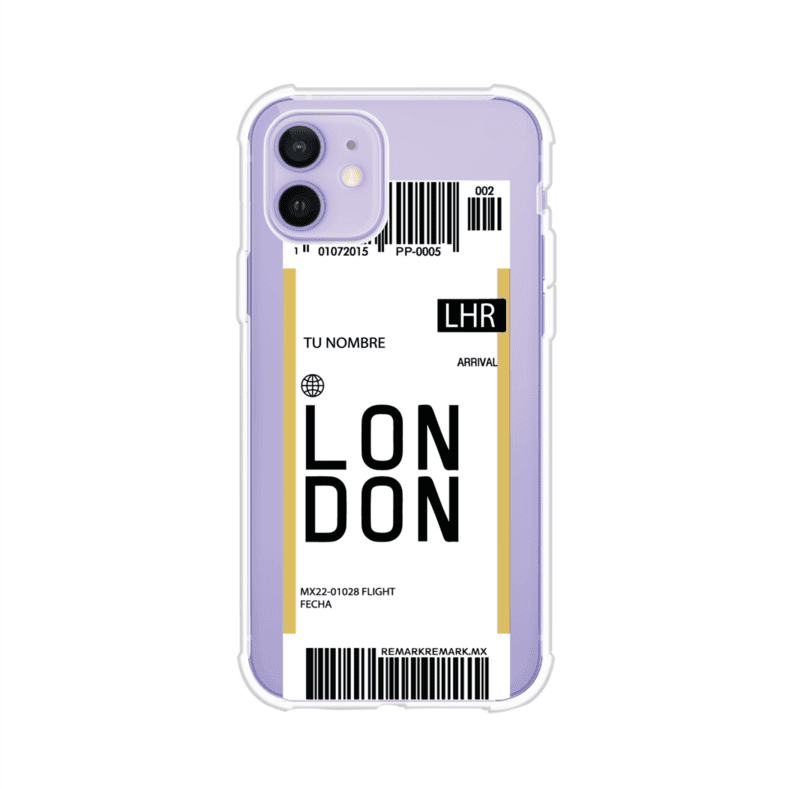 Funda personalizada estilo pase de abordar con diseño de Londres y código LHR, personalizable con nombre y datos de vuelo; producto de Remark MX para iPhone