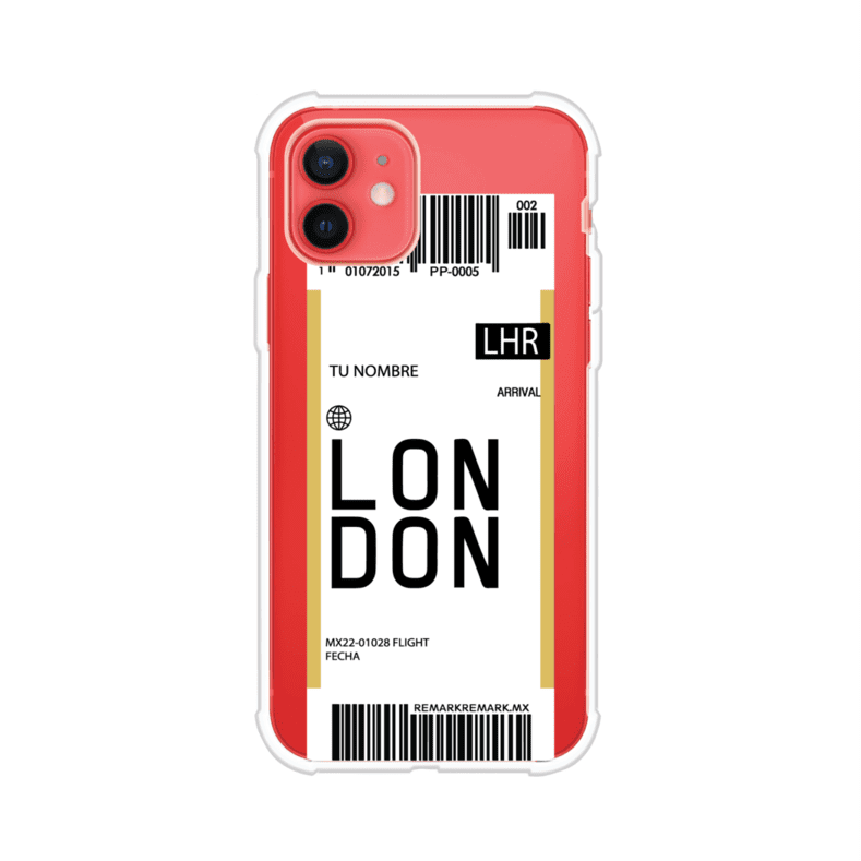 Funda personalizada estilo pase de abordar con diseño de Londres y código LHR, personalizable con nombre y datos de vuelo; producto de Remark MX para iPhone