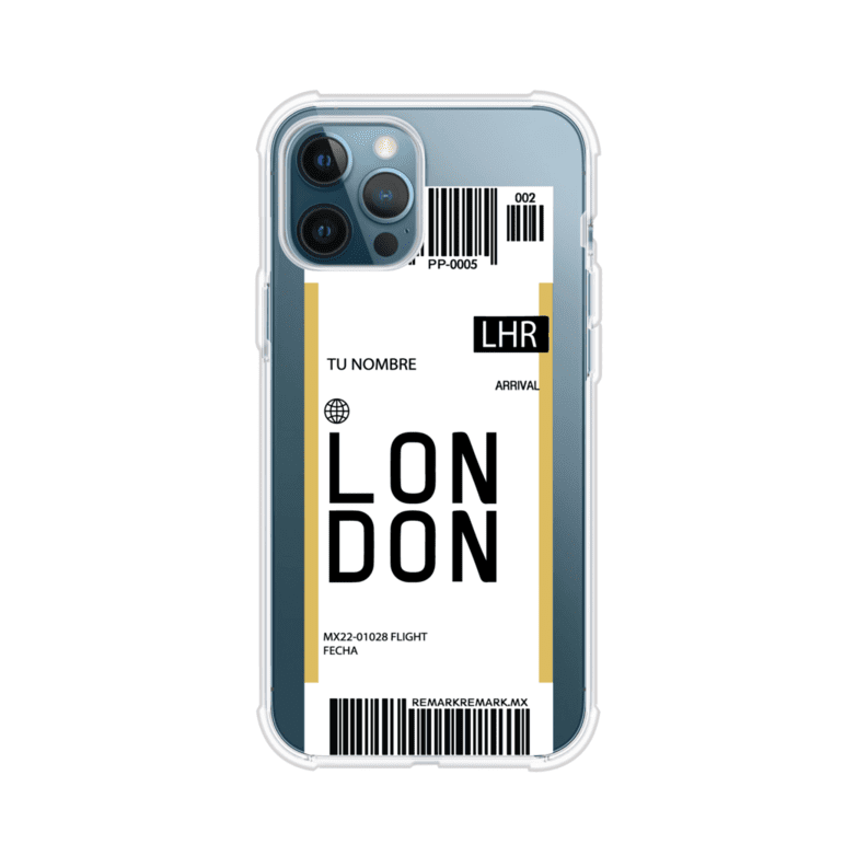 Funda personalizada estilo pase de abordar con diseño de Londres y código LHR, personalizable con nombre y datos de vuelo; producto de Remark MX para iPhone