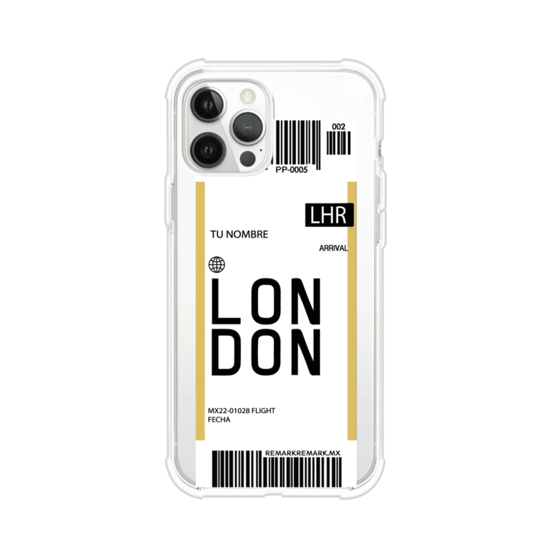 Funda personalizada estilo pase de abordar con diseño de Londres y código LHR, personalizable con nombre y datos de vuelo; producto de Remark MX para iPhone