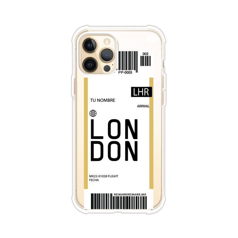 Funda personalizada estilo pase de abordar con diseño de Londres y código LHR, personalizable con nombre y datos de vuelo; producto de Remark MX para iPhone