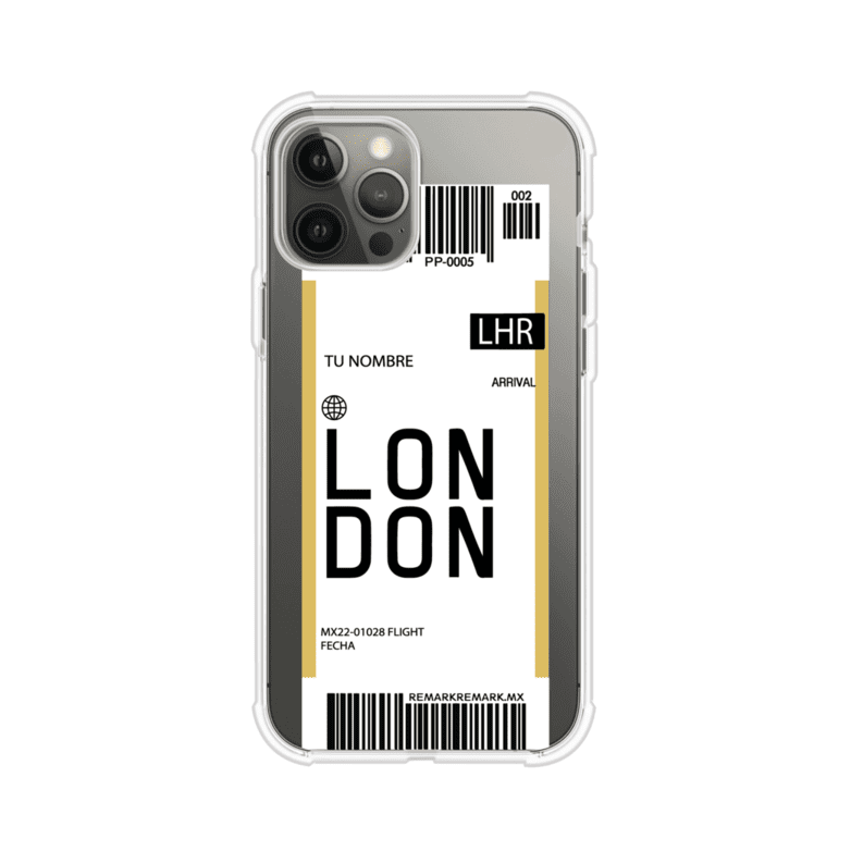 Funda personalizada estilo pase de abordar con diseño de Londres y código LHR, personalizable con nombre y datos de vuelo; producto de Remark MX para iPhone