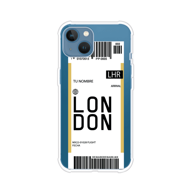 Funda personalizada estilo pase de abordar con diseño de Londres y código LHR, personalizable con nombre y datos de vuelo; producto de Remark MX para iPhone