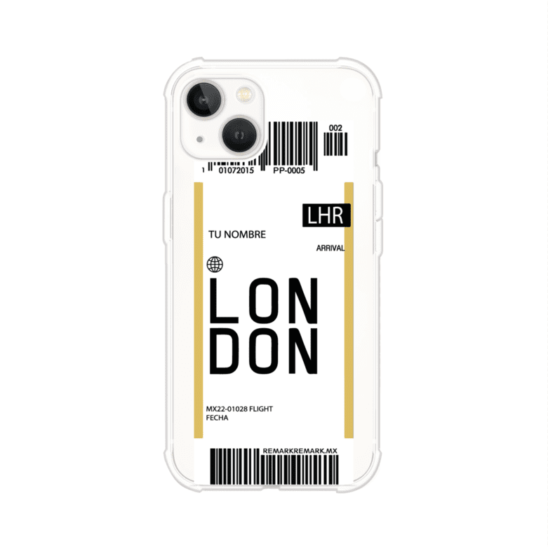 Funda personalizada estilo pase de abordar con diseño de Londres y código LHR, personalizable con nombre y datos de vuelo; producto de Remark MX para iPhone