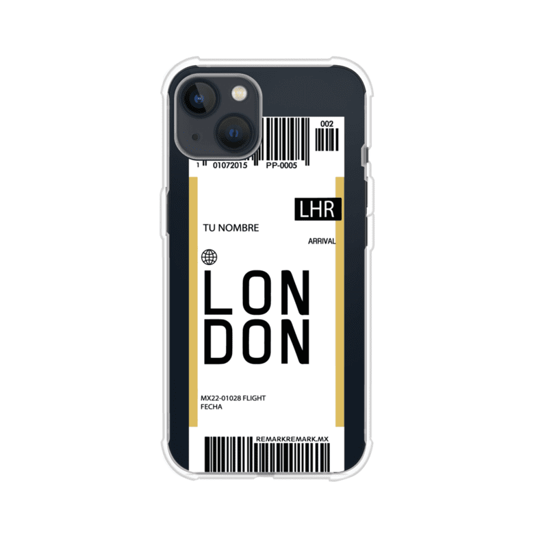 Funda personalizada estilo pase de abordar con diseño de Londres y código LHR, personalizable con nombre y datos de vuelo; producto de Remark MX para iPhone