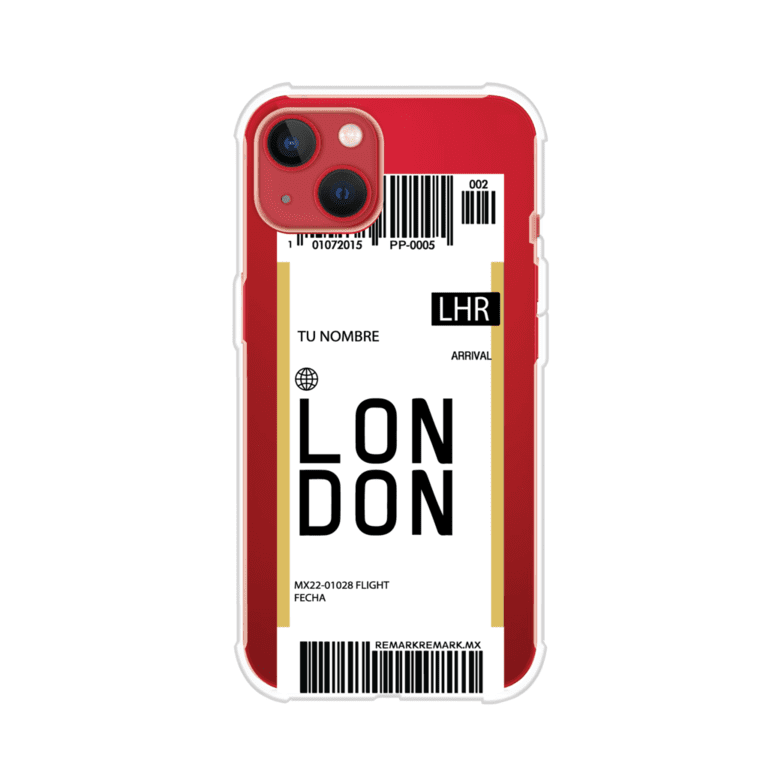 Funda personalizada estilo pase de abordar con diseño de Londres y código LHR, personalizable con nombre y datos de vuelo; producto de Remark MX para iPhone