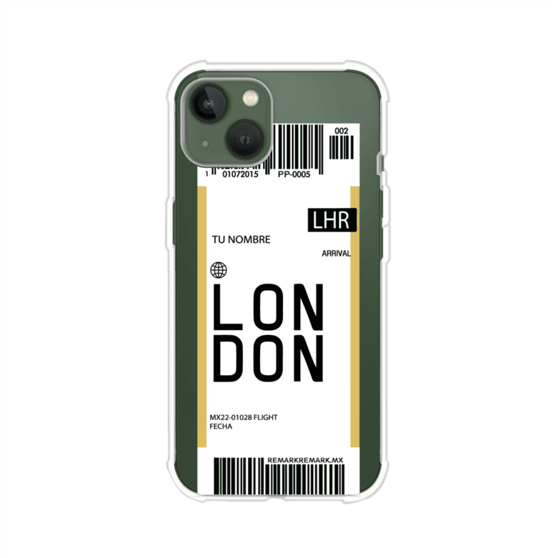 Funda personalizada estilo pase de abordar con diseño de Londres y código LHR, personalizable con nombre y datos de vuelo; producto de Remark MX para iPhone