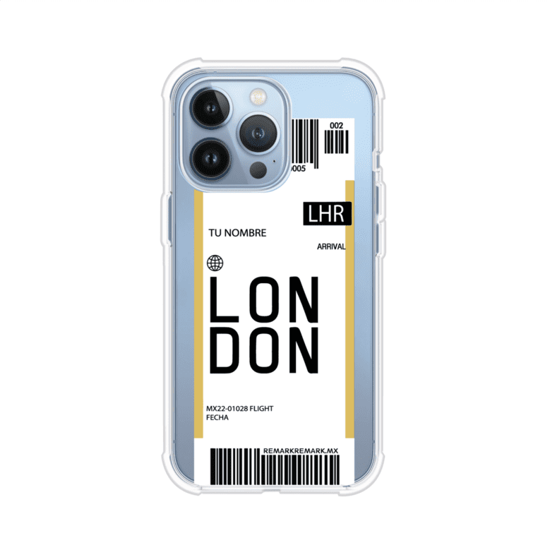 Funda personalizada estilo pase de abordar con diseño de Londres y código LHR, personalizable con nombre y datos de vuelo; producto de Remark MX para iPhone