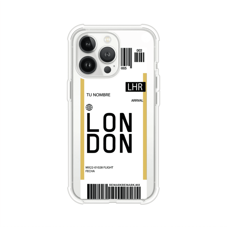 Funda personalizada estilo pase de abordar con diseño de Londres y código LHR, personalizable con nombre y datos de vuelo; producto de Remark MX para iPhone