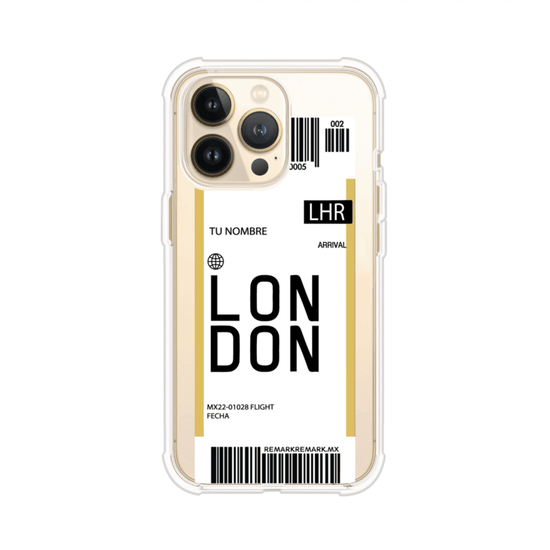 Funda personalizada estilo pase de abordar con diseño de Londres y código LHR, personalizable con nombre y datos de vuelo; producto de Remark MX para iPhone