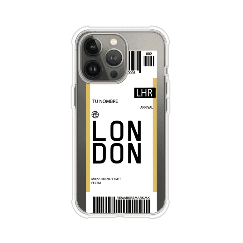 Funda personalizada estilo pase de abordar con diseño de Londres y código LHR, personalizable con nombre y datos de vuelo; producto de Remark MX para iPhone