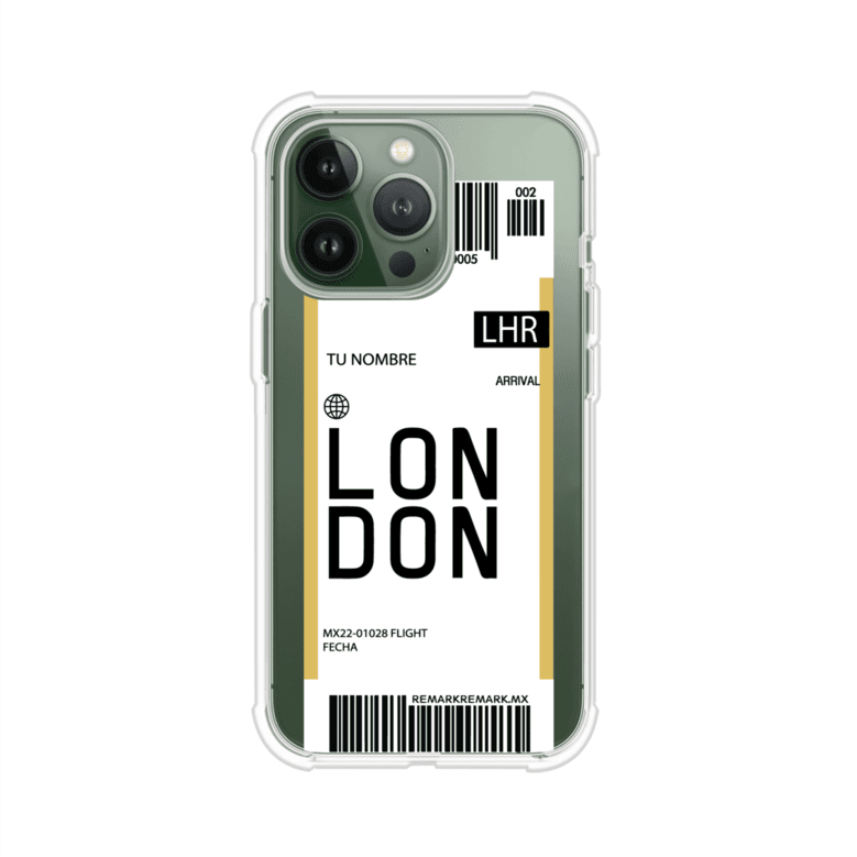 Funda personalizada estilo pase de abordar con diseño de Londres y código LHR, personalizable con nombre y datos de vuelo; producto de Remark MX para iPhone