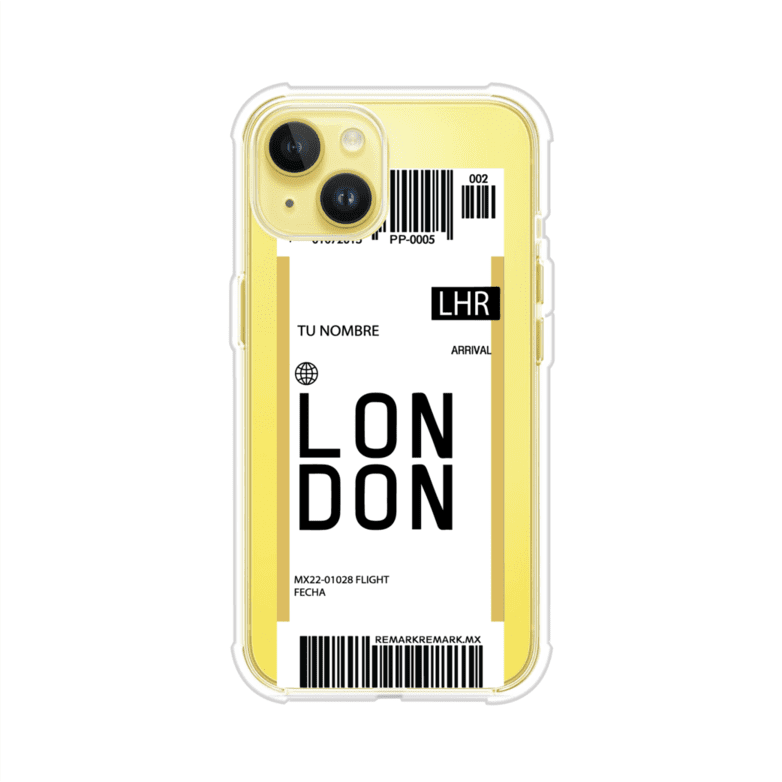 Funda personalizada estilo pase de abordar con diseño de Londres y código LHR, personalizable con nombre y datos de vuelo; producto de Remark MX para iPhone