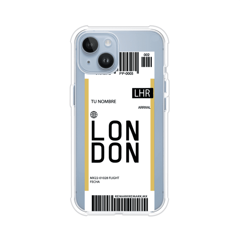 Funda personalizada estilo pase de abordar con diseño de Londres y código LHR, personalizable con nombre y datos de vuelo; producto de Remark MX para iPhone