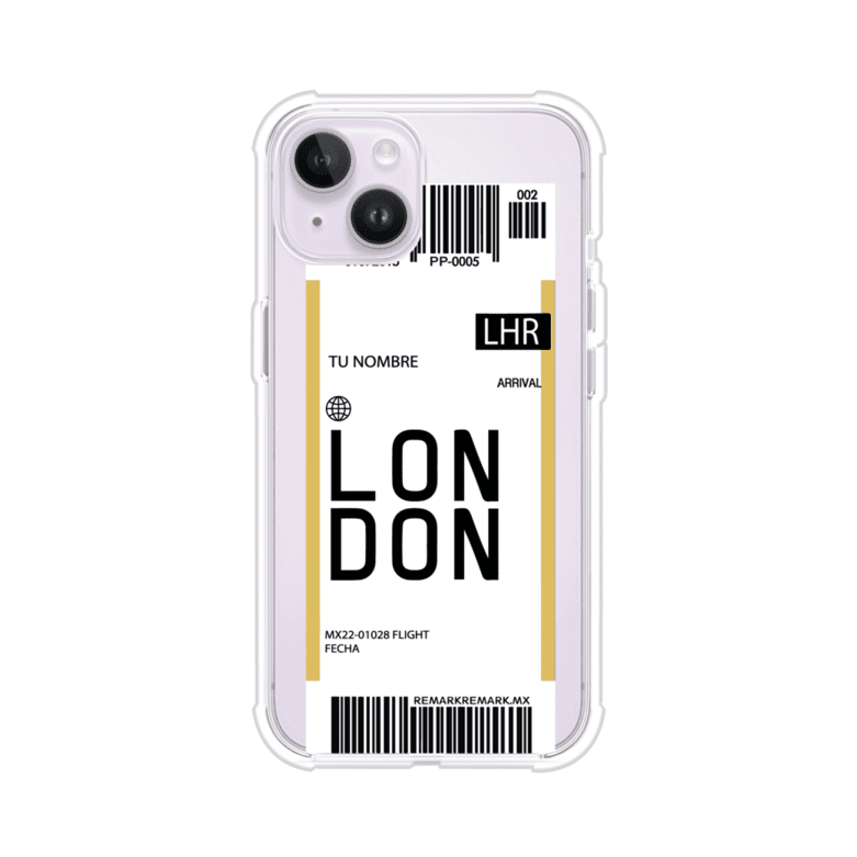 Funda personalizada estilo pase de abordar con diseño de Londres y código LHR, personalizable con nombre y datos de vuelo; producto de Remark MX para iPhone