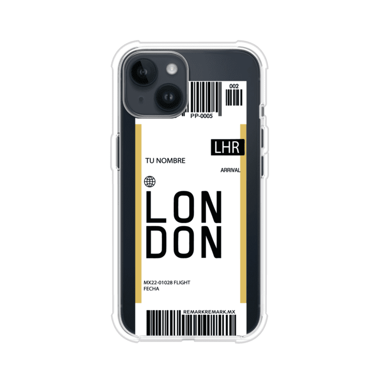Funda personalizada estilo pase de abordar con diseño de Londres y código LHR, personalizable con nombre y datos de vuelo; producto de Remark MX para iPhone