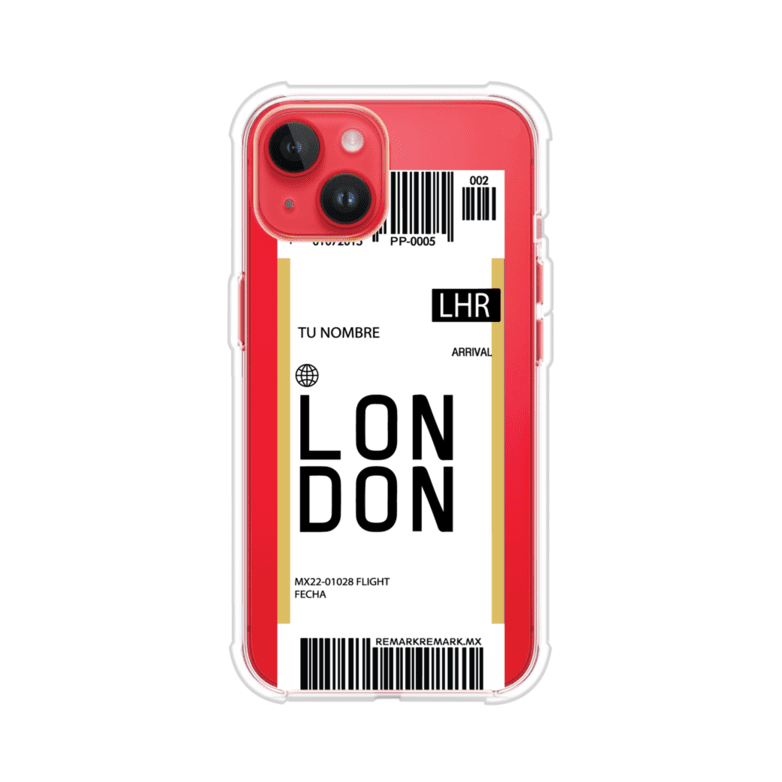 Funda personalizada estilo pase de abordar con diseño de Londres y código LHR, personalizable con nombre y datos de vuelo; producto de Remark MX para iPhone