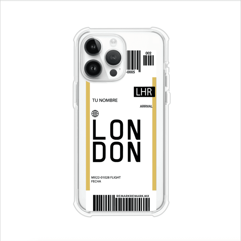 Funda personalizada estilo pase de abordar con diseño de Londres y código LHR, personalizable con nombre y datos de vuelo; producto de Remark MX para iPhone