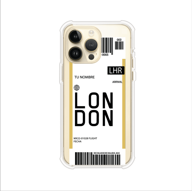 Funda personalizada estilo pase de abordar con diseño de Londres y código LHR, personalizable con nombre y datos de vuelo; producto de Remark MX para iPhone