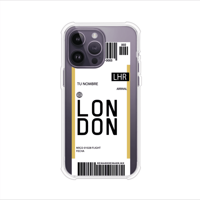 Funda personalizada estilo pase de abordar con diseño de Londres y código LHR, personalizable con nombre y datos de vuelo; producto de Remark MX para iPhone