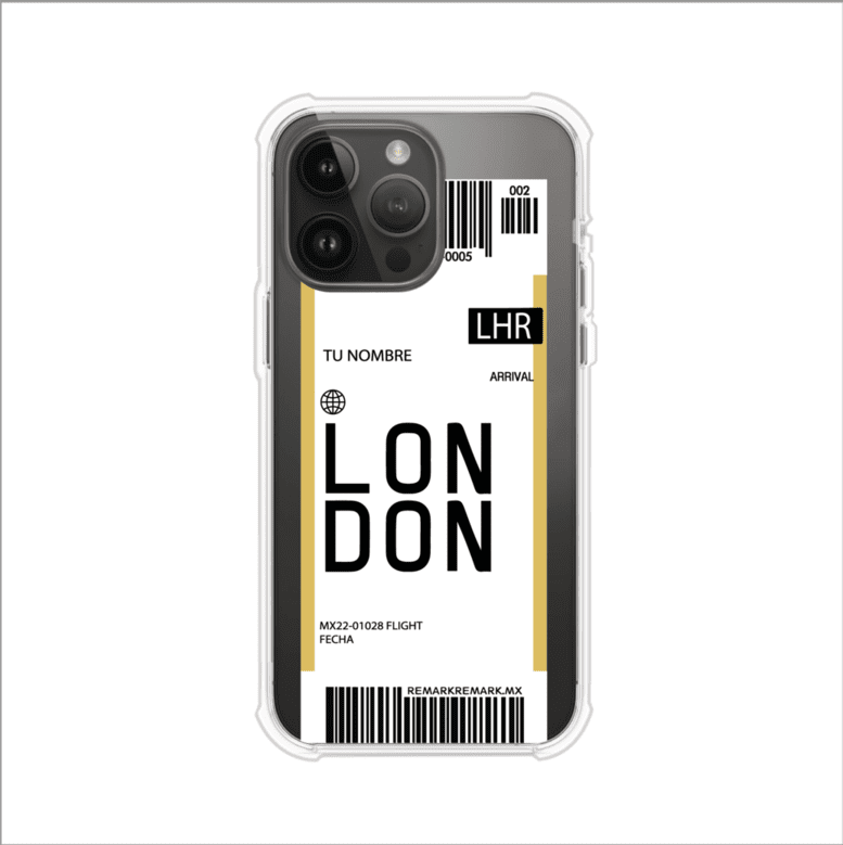 Funda personalizada estilo pase de abordar con diseño de Londres y código LHR, personalizable con nombre y datos de vuelo; producto de Remark MX para iPhone