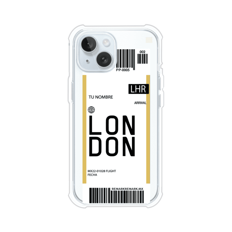 Funda personalizada estilo pase de abordar con diseño de Londres y código LHR, personalizable con nombre y datos de vuelo; producto de Remark MX para iPhone