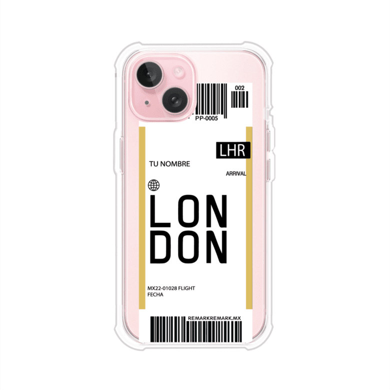 Funda personalizada estilo pase de abordar con diseño de Londres y código LHR, personalizable con nombre y datos de vuelo; producto de Remark MX para iPhone