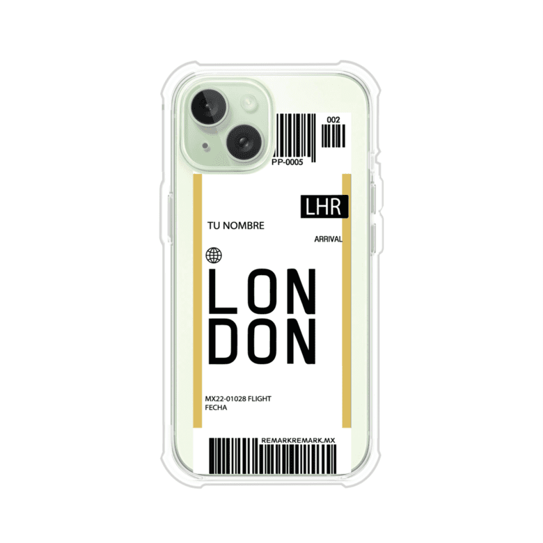 Funda personalizada estilo pase de abordar con diseño de Londres y código LHR, personalizable con nombre y datos de vuelo; producto de Remark MX para iPhone