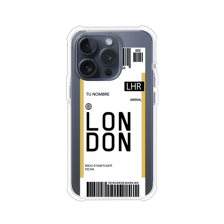 Funda personalizada estilo pase de abordar con diseño de Londres y código LHR, personalizable con nombre y datos de vuelo; producto de Remark MX para iPhone