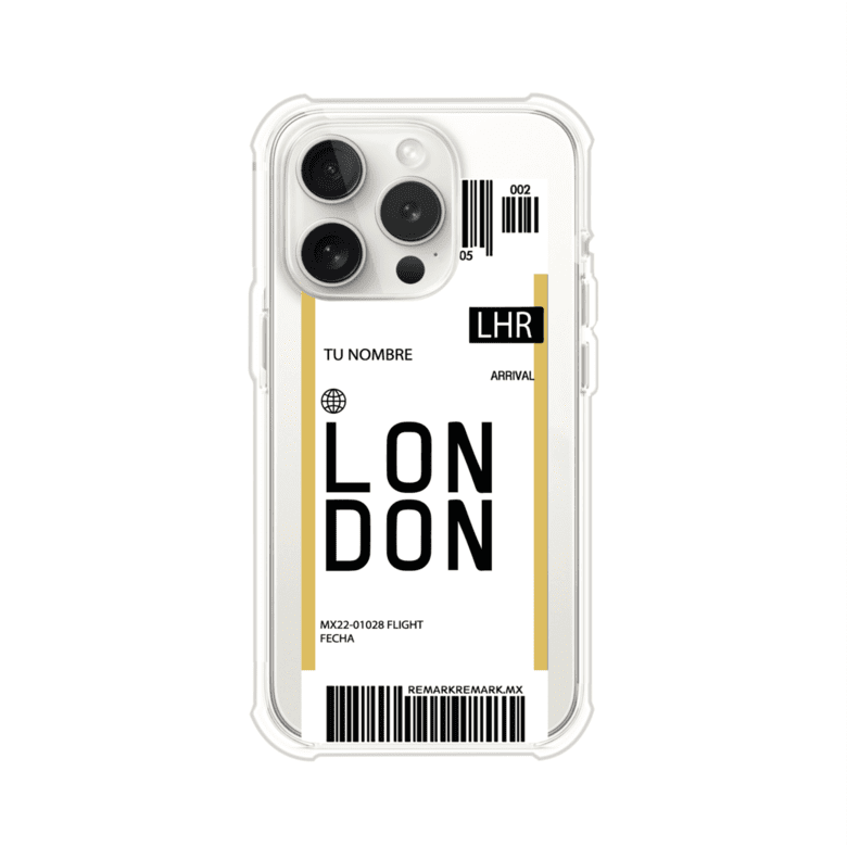 Funda personalizada estilo pase de abordar con diseño de Londres y código LHR, personalizable con nombre y datos de vuelo; producto de Remark MX para iPhone