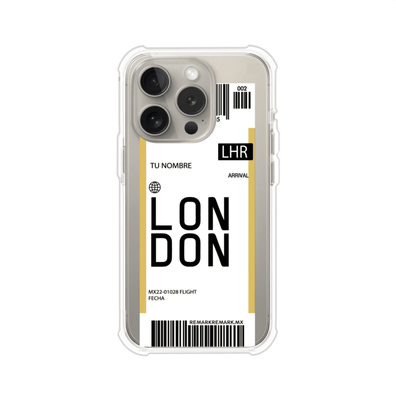 Funda personalizada estilo pase de abordar con diseño de Londres y código LHR, personalizable con nombre y datos de vuelo; producto de Remark MX para iPhone
