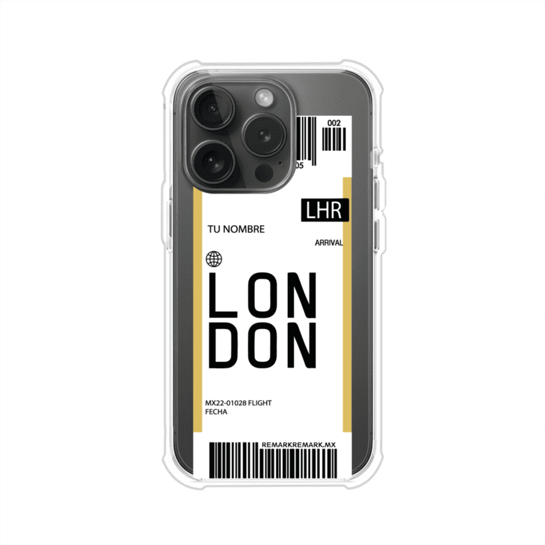 Funda personalizada estilo pase de abordar con diseño de Londres y código LHR, personalizable con nombre y datos de vuelo; producto de Remark MX para iPhone