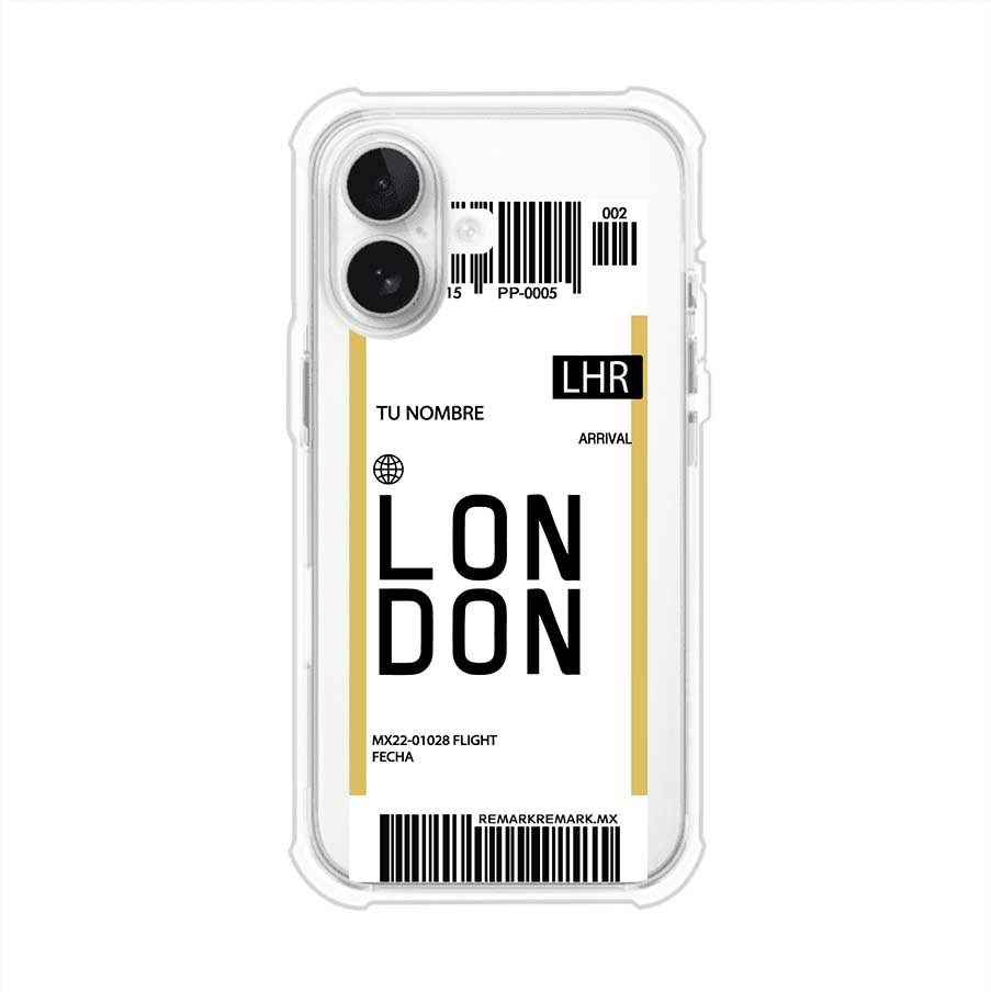 Funda personalizada estilo pase de abordar con diseño de Londres y código LHR, personalizable con nombre y datos de vuelo; producto de Remark MX para iPhone
