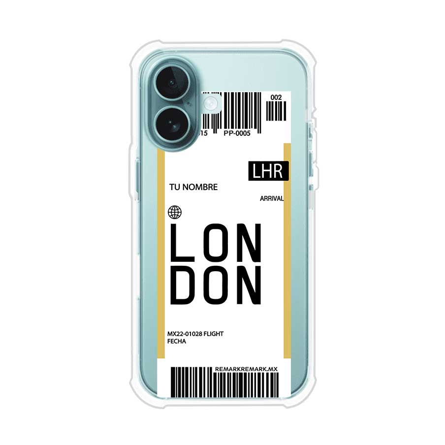 Funda personalizada estilo pase de abordar con diseño de Londres y código LHR, personalizable con nombre y datos de vuelo; producto de Remark MX para iPhone