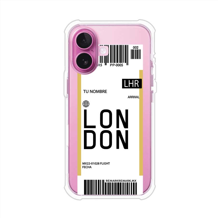 Funda personalizada estilo pase de abordar con diseño de Londres y código LHR, personalizable con nombre y datos de vuelo; producto de Remark MX para iPhone
