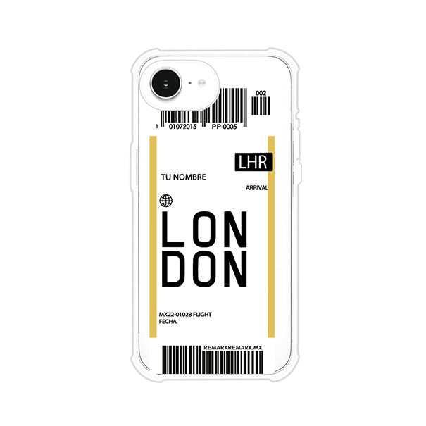 Funda personalizada estilo pase de abordar con diseño de Londres y código LHR, personalizable con nombre y datos de vuelo; producto de Remark MX para iPhone