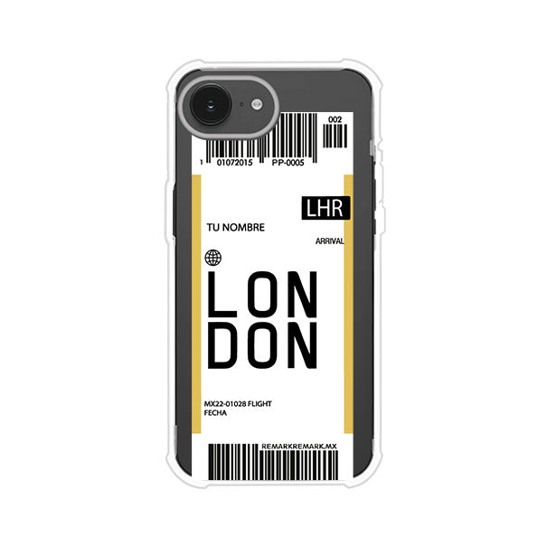 Funda personalizada estilo pase de abordar con diseño de Londres y código LHR, personalizable con nombre y datos de vuelo; producto de Remark MX para iPhone