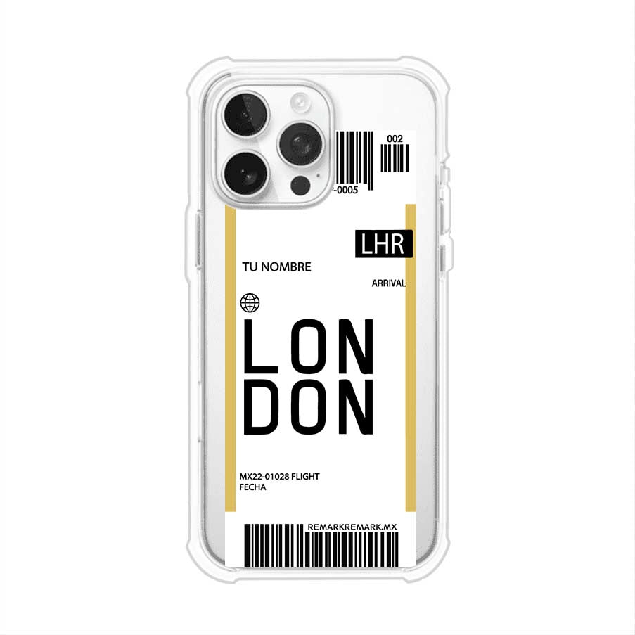 Funda personalizada estilo pase de abordar con diseño de Londres y código LHR, personalizable con nombre y datos de vuelo; producto de Remark MX para iPhone