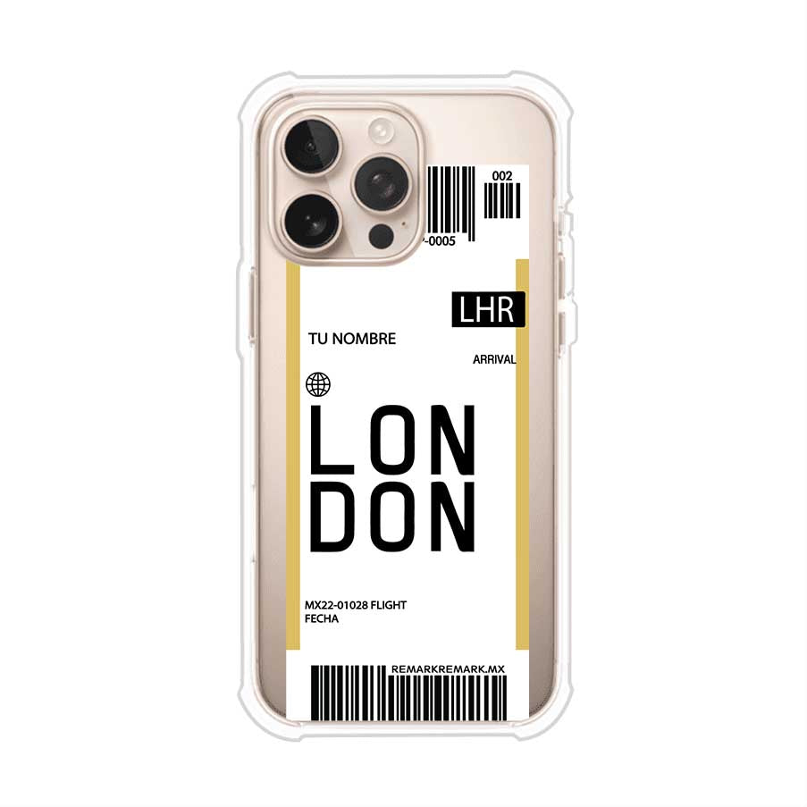 Funda personalizada estilo pase de abordar con diseño de Londres y código LHR, personalizable con nombre y datos de vuelo; producto de Remark MX para iPhone