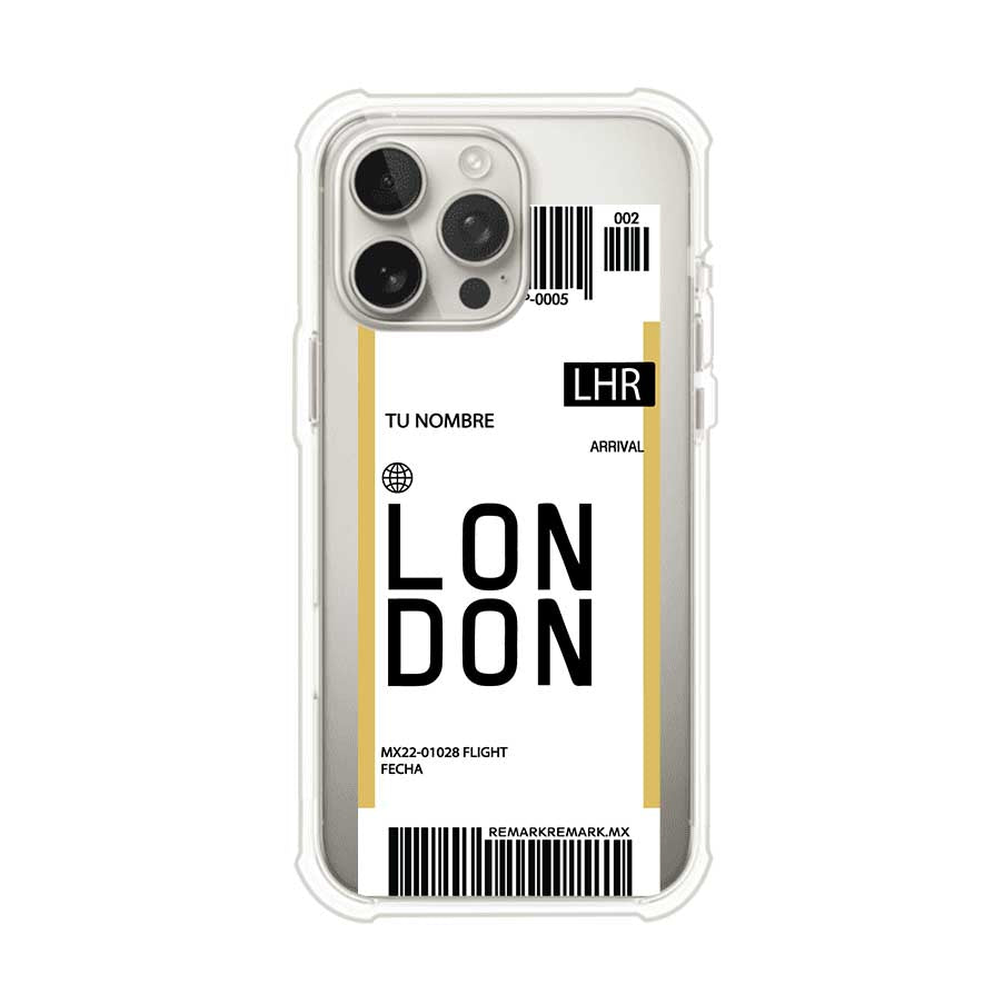 Funda personalizada estilo pase de abordar con diseño de Londres y código LHR, personalizable con nombre y datos de vuelo; producto de Remark MX para iPhone