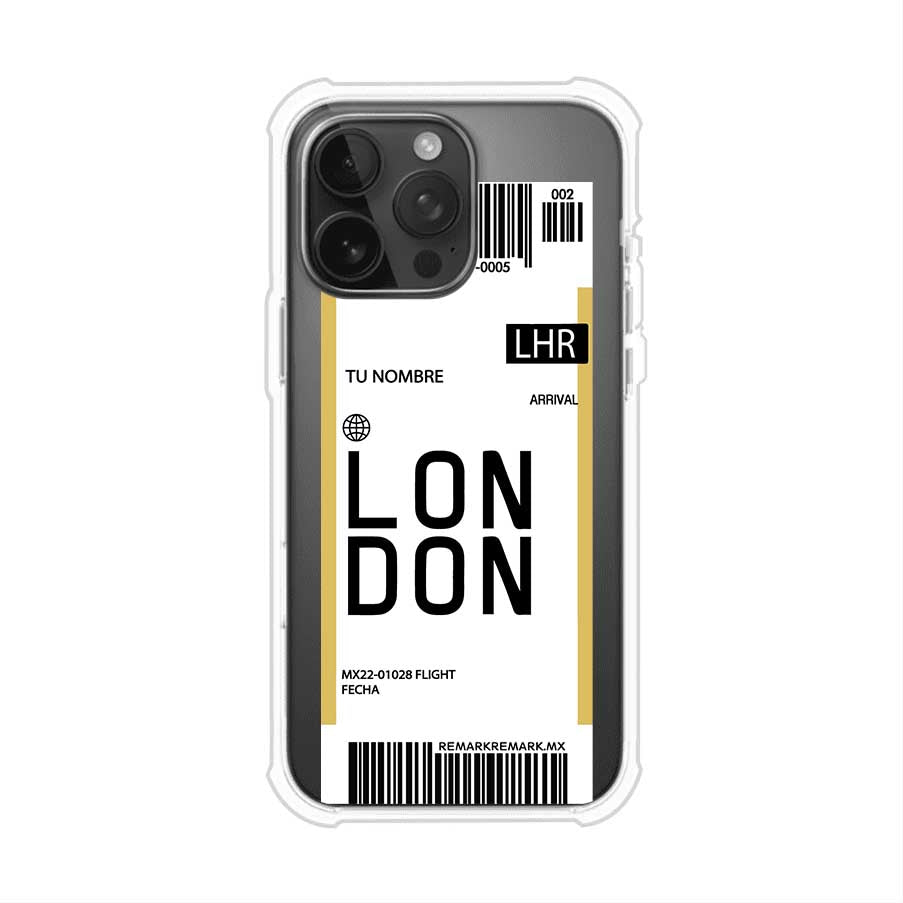 Funda personalizada estilo pase de abordar con diseño de Londres y código LHR, personalizable con nombre y datos de vuelo; producto de Remark MX para iPhone