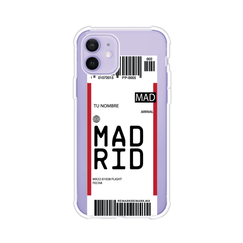Funda personalizada estilo pase de abordar con diseño de Madrid y código MAD, personalizable con nombre y datos de vuelo; producto de Remark MX para iPhone